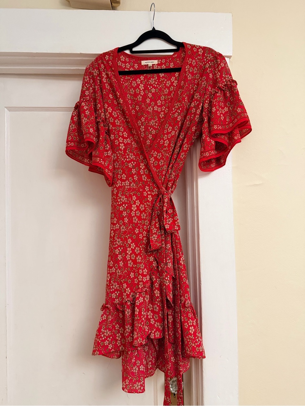 Max Studio Red Floral Wrap Dress with Flutter Sleeves